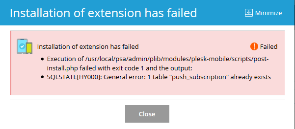 Plesk Mobile Center Installation of extension has failed